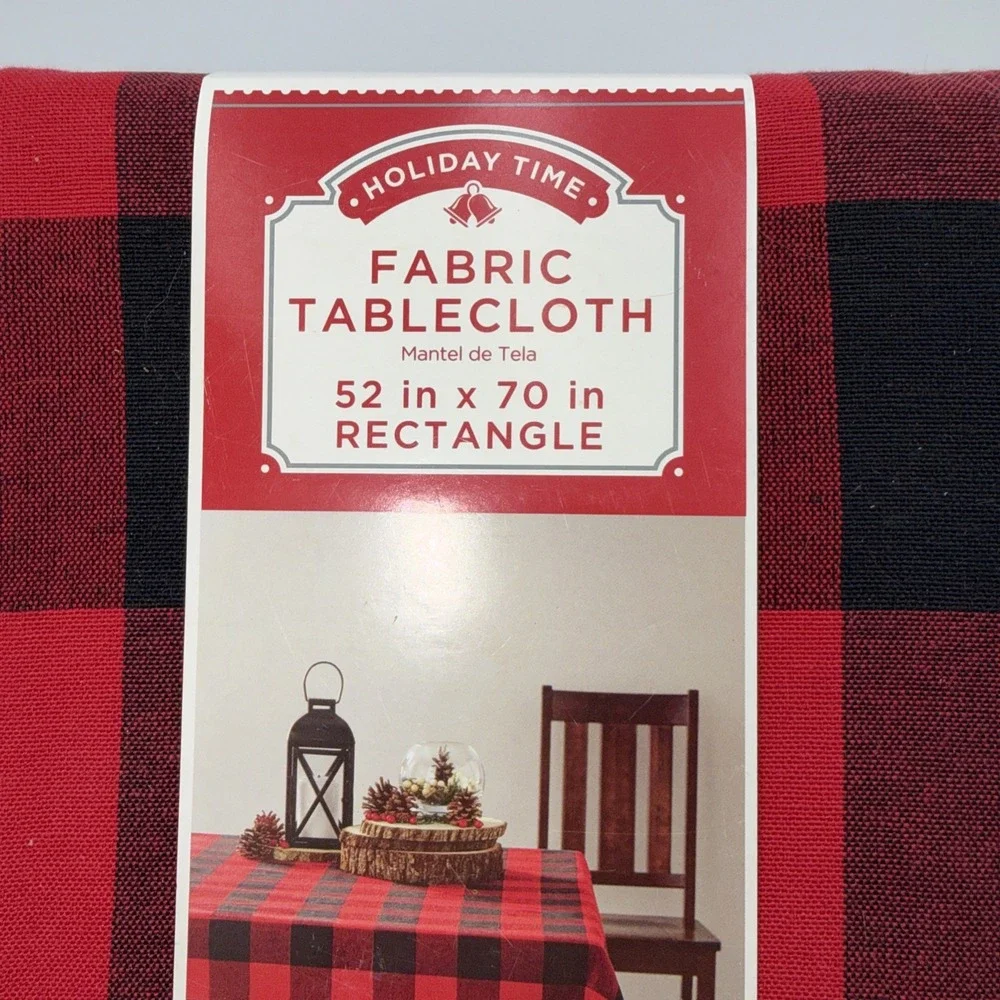 Holiday Time Fabric Tablecloth 52 in x 70 in Rectangle Red‎ Black Plaid